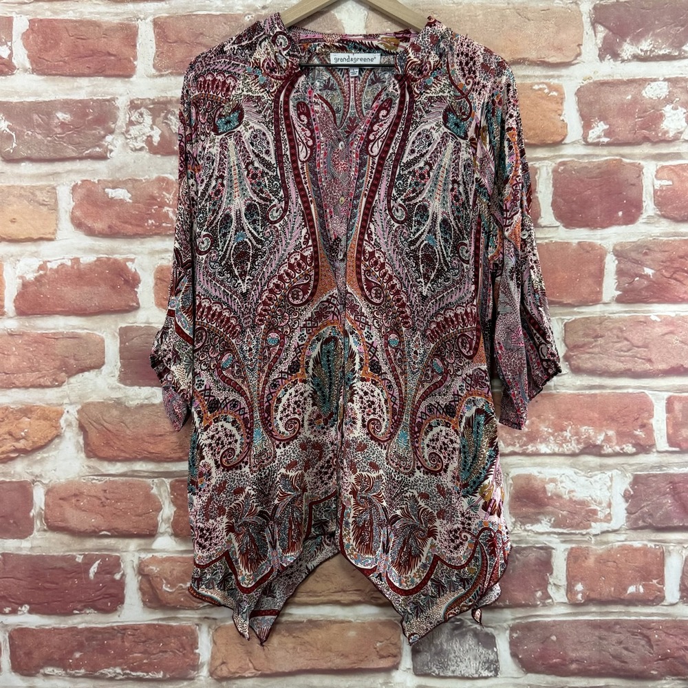 Grand & Greene Top Women's L Multicolor Boho Floral Abstract Casual Tunic Shirt